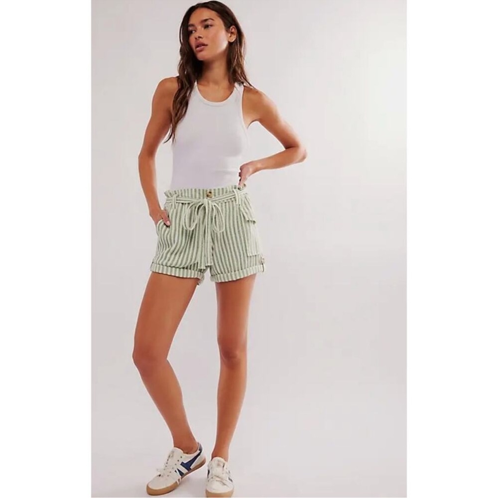 Free People One Harriet Striped Shorts Pockets Relaxed‎ Fit Green Brown Sz Large